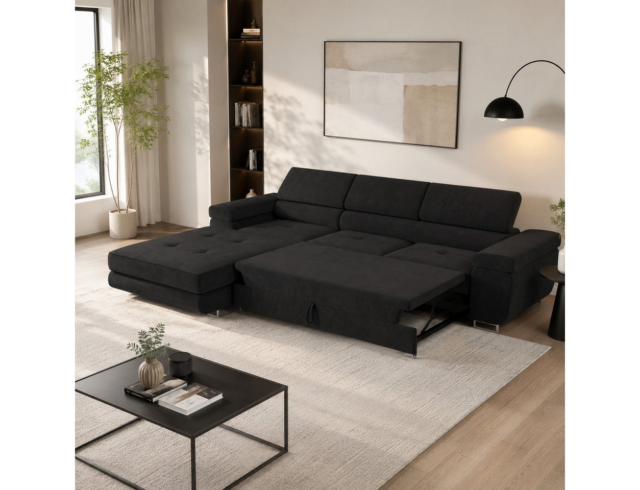 Goldstoff Ecksofa mit Schlaffunktion und Bettkasten, Designer Schlafsofa mit Bettkasten, Big Sofa - VENUS TWIN, Couch mit verstellbaren Kopfstützen in dunkelgra – Bild 2 von 5