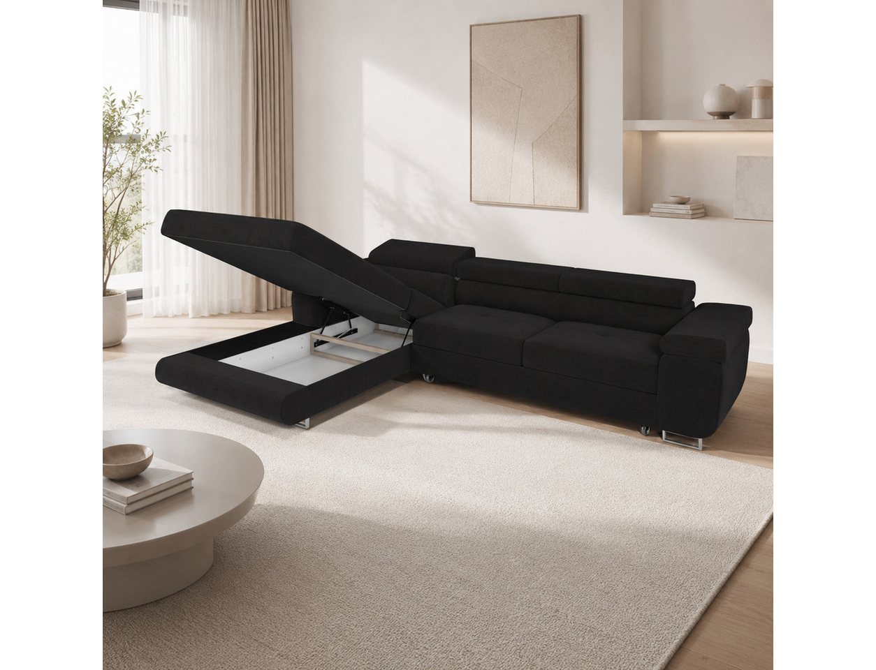 Goldstoff Ecksofa mit Schlaffunktion und Bettkasten, Designer Schlafsofa mit Bettkasten, Big Sofa - VENUS TWIN, Couch mit verstellbaren Kopfstützen in dunkelgra – Bild 3 von 5