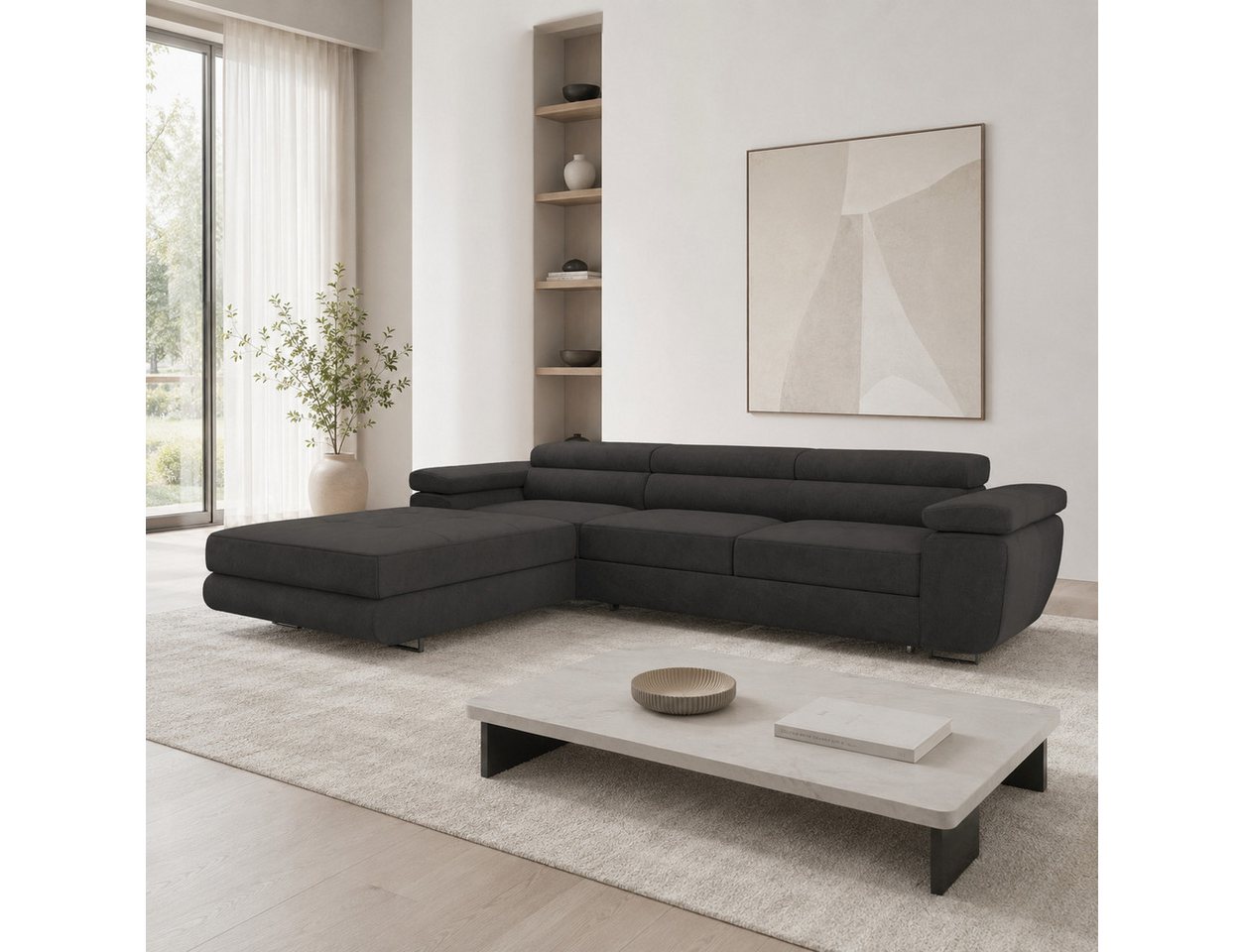 Goldstoff Ecksofa mit Schlaffunktion und Bettkasten, Designer Schlafsofa mit Bettkasten, Big Sofa - VENUS TWIN, Couch mit verstellbaren Kopfstützen in dunkelgra – Bild 4 von 5