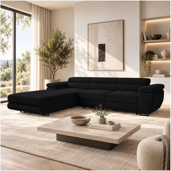 Goldstoff Ecksofa mit Schlaffunktion und Bettkasten, Designer Schlafsofa mit Bettkasten, Big Sofa - VENUS TWIN, Couch mit verstellbaren Kopfstützen in schwarz