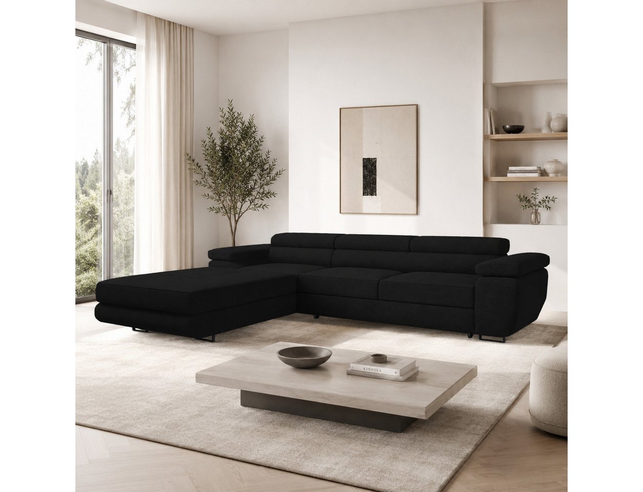 Goldstoff Ecksofa mit Schlaffunktion und Bettkasten, Designer Schlafsofa mit Bettkasten, Big Sofa - VENUS TWIN, Couch mit verstellbaren Kopfstützen in schwarz – Bild 2 von 5