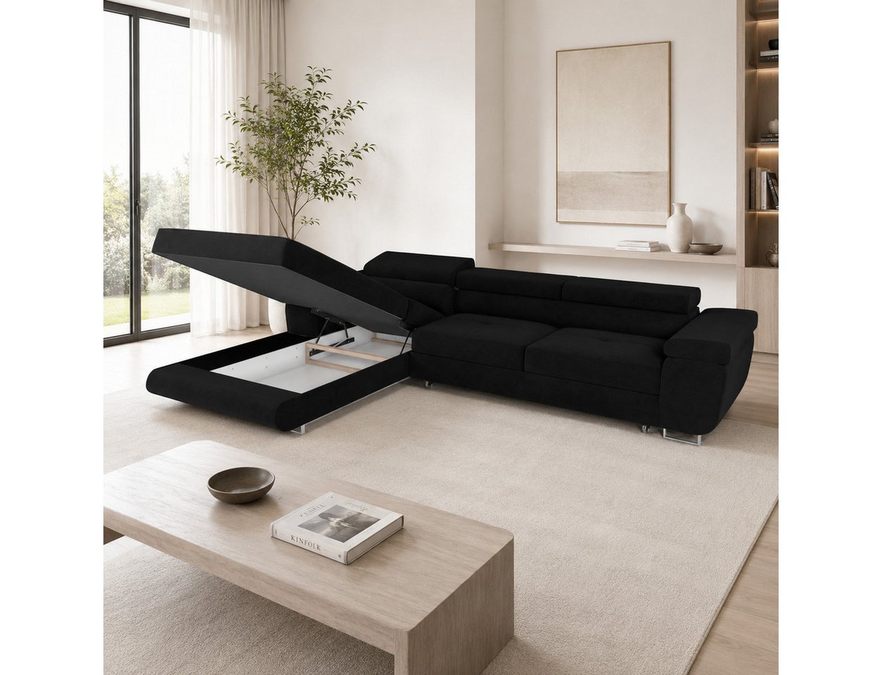 Goldstoff Ecksofa mit Schlaffunktion und Bettkasten, Designer Schlafsofa mit Bettkasten, Big Sofa - VENUS TWIN, Couch mit verstellbaren Kopfstützen in schwarz – Bild 3 von 5