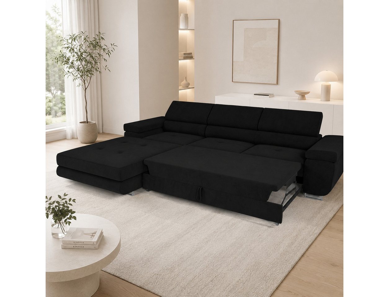 Goldstoff Ecksofa mit Schlaffunktion und Bettkasten, Designer Schlafsofa mit Bettkasten, Big Sofa - VENUS TWIN, Couch mit verstellbaren Kopfstützen in schwarz – Bild 4 von 5