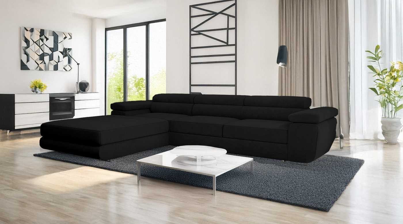 Goldstoff Ecksofa mit Schlaffunktion und Bettkasten, Designer Schlafsofa mit Bettkasten, Big Sofa - VENUS TWIN, Couch mit verstellbaren Kopfstützen in schwarz – Bild 5 von 5