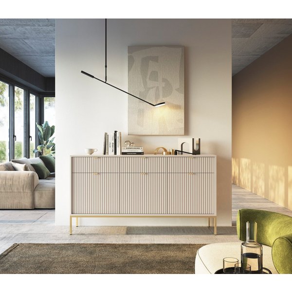 Goldstoff Kommode Milano 154 cm mit geriffelter Front und Metallrahmen (Moderner Schubladenschrank - für Wohnzimmer, Flur, Schlafzimmer), stabile Metallkonstruk