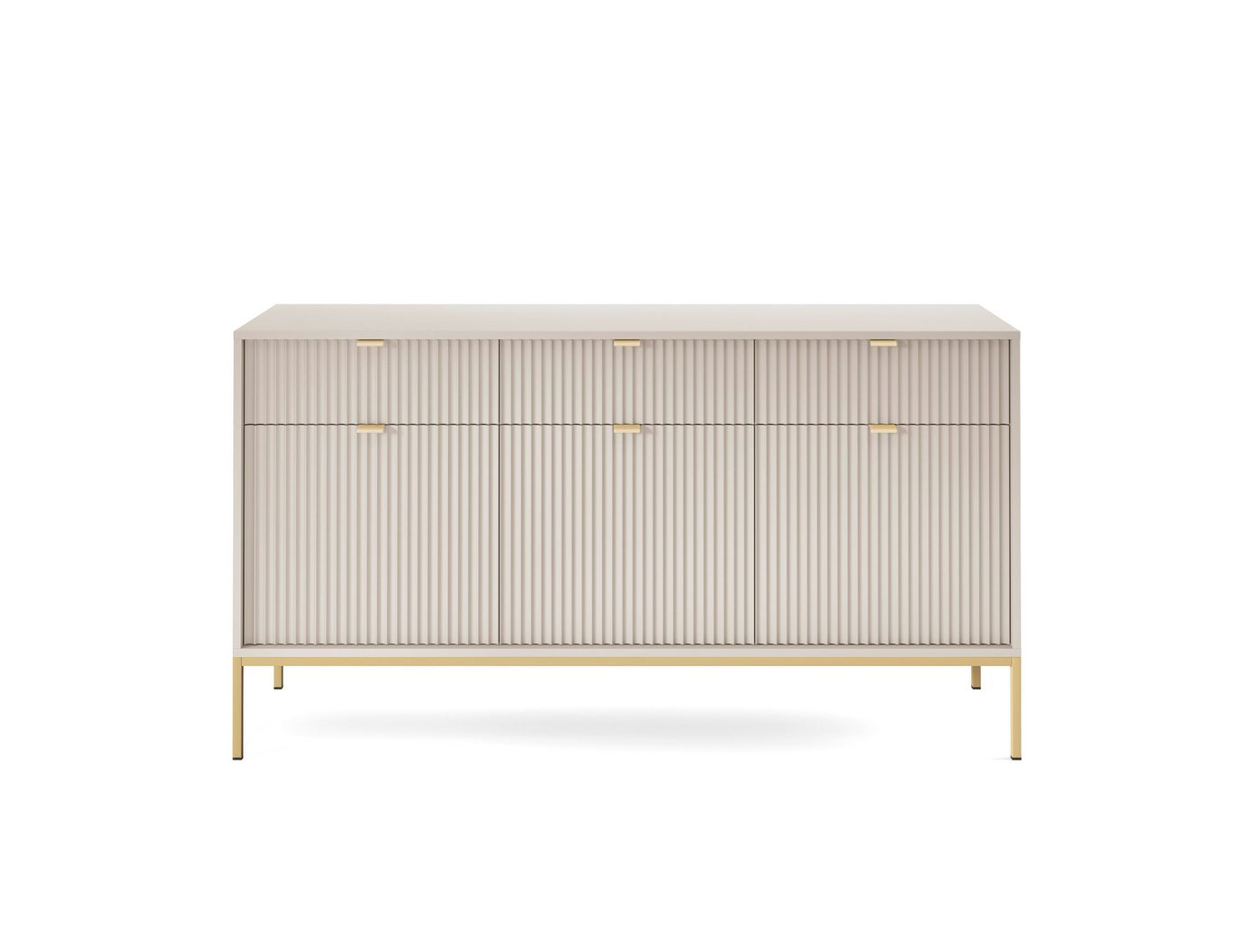 Goldstoff Kommode Milano 154 cm mit geriffelter Front und Metallrahmen (Moderner Schubladenschrank - für Wohnzimmer, Flur, Schlafzimmer), stabile Metallkonstruk – Bild 2 von 5