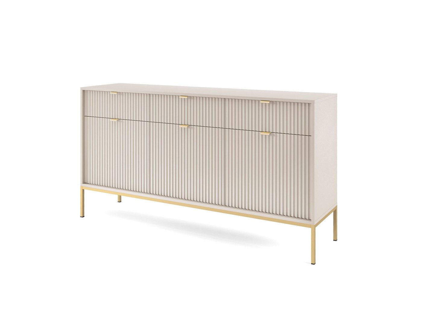 Goldstoff Kommode Milano 154 cm mit geriffelter Front und Metallrahmen (Moderner Schubladenschrank - für Wohnzimmer, Flur, Schlafzimmer), stabile Metallkonstruk – Bild 4 von 5
