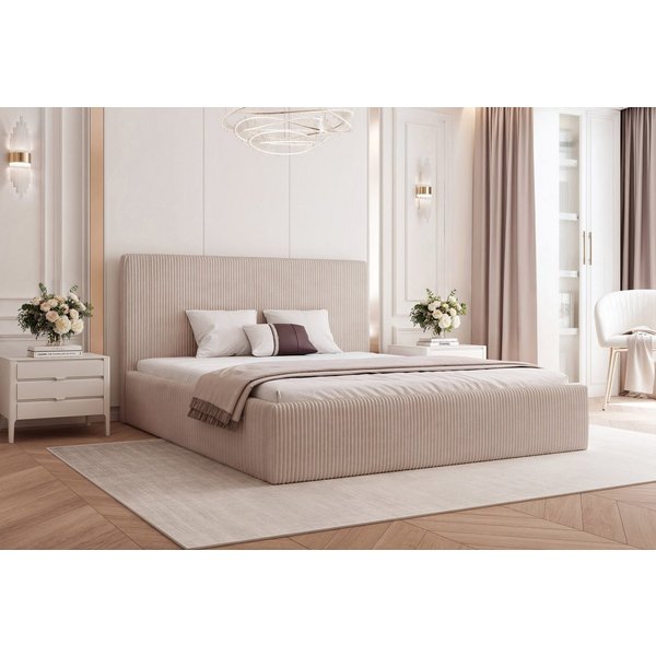 Goldstoff Polsterbett Modernes Bett "LUMINA" mit großem Stauraum und gepolstertem Rahmen (120–200x200 cm, Kopfteilhöhe 70/110 cm), Elegantes Stauraumbett mit ge