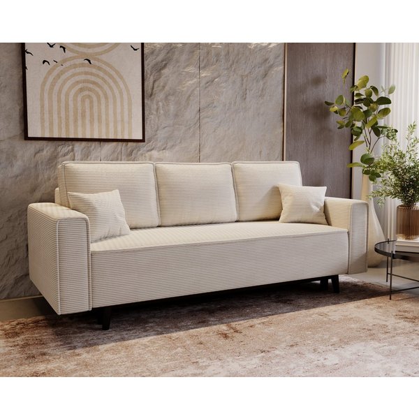 Goldstoff Schlafsofa Cordstoff - LUX 225 cm - Sofa mit schlaffunktion und Bettkasten, Einzelsofa / Couch mit Schlaffunktion - Liegefläche 200 × 124 cm