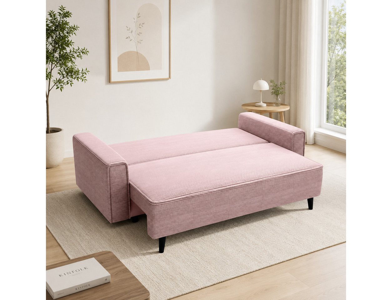 Goldstoff Schlafsofa Cordstoff - LUX 225 cm - Sofa mit schlaffunktion und Bettkasten, Einzelsofa / Couch mit Schlaffunktion - Liegefläche 200 × 124 cm – Bild 3 von 5