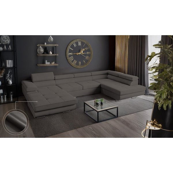 Goldstoff Wohnlandschaft mit Schlaffunktion, Couch für Wohnzimmer - Schlafsofa - Eckcouch, VENUS - Sofa U Form, Ecksofa mit Schlaffunktion und Bettkasten in gra