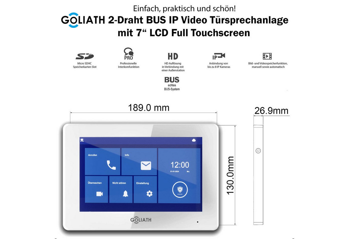 Goliath Intercom Video-Türsprechanlage Basic Line 2-Draht, 1 Familie, Weiß/Anthrazit (Innenbereich, Außenbereich, Set, Türstation, Monitore nach Auswahl, Montag – Bild 4 von 5