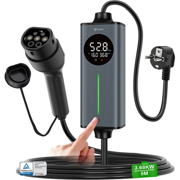 GONEO Elektroauto-Ladestation, Typ 2 Ladekabel Schuko, 3,7kW / 16A, 1-phasig, Tragbares Elektroauto-Ladegerät, Einstellbare Ladeleistung & Timer
