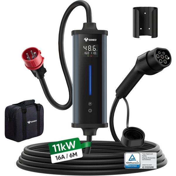 GONEO Elektroauto-Ladestation Typ 2 Ladekabel mit CEE Stecker, Mobile Wallbox, mobil 11kW / 16A, 3-phasig, Mit Fehlerstromschutz Temperaturüberwachung, Einstell