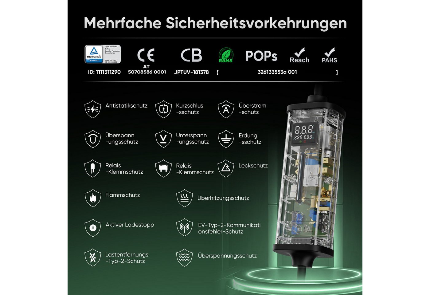 GONEO Elektroauto-Ladestation Typ 2 Ladekabel mit CEE Stecker, Mobile Wallbox, mobil 11kW / 16A, 3-phasig, Mit Fehlerstromschutz Temperaturüberwachung, Einstell – Bild 3 von 5
