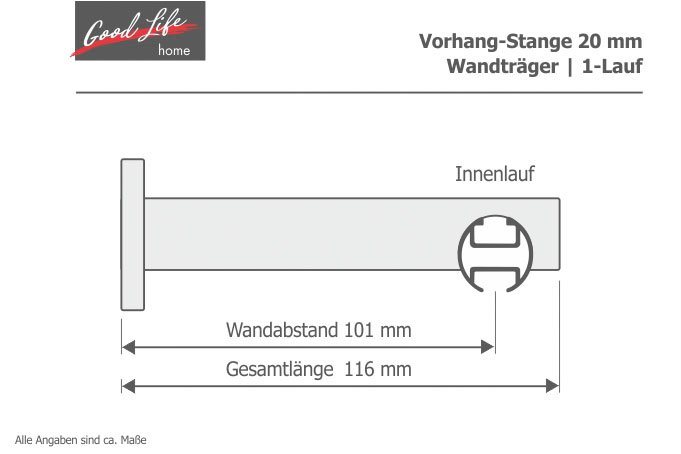 Good Life Innenlaufschiene Gorra, Ø 20 mm, 1-läufig, Fixmaß, mit Bohren, verschraubt, Aluminium, Metall – Bild 4 von 5