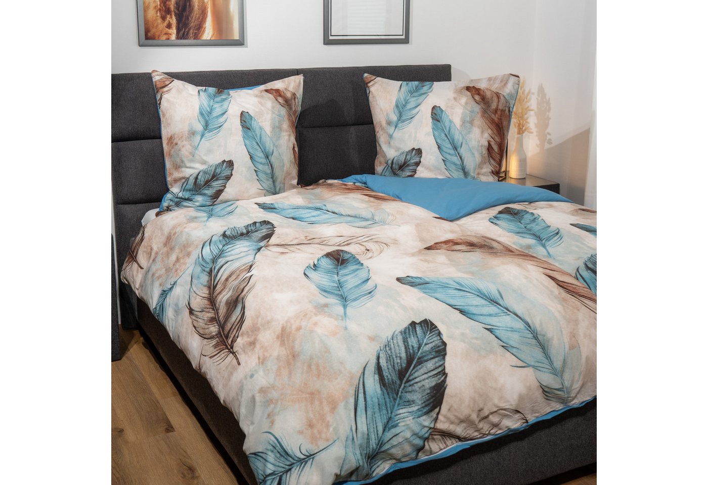 good morning Bettwäsche Baumwolle, Renforcé, 2 teilig, Federn, blau, braun – Bild 2 von 5