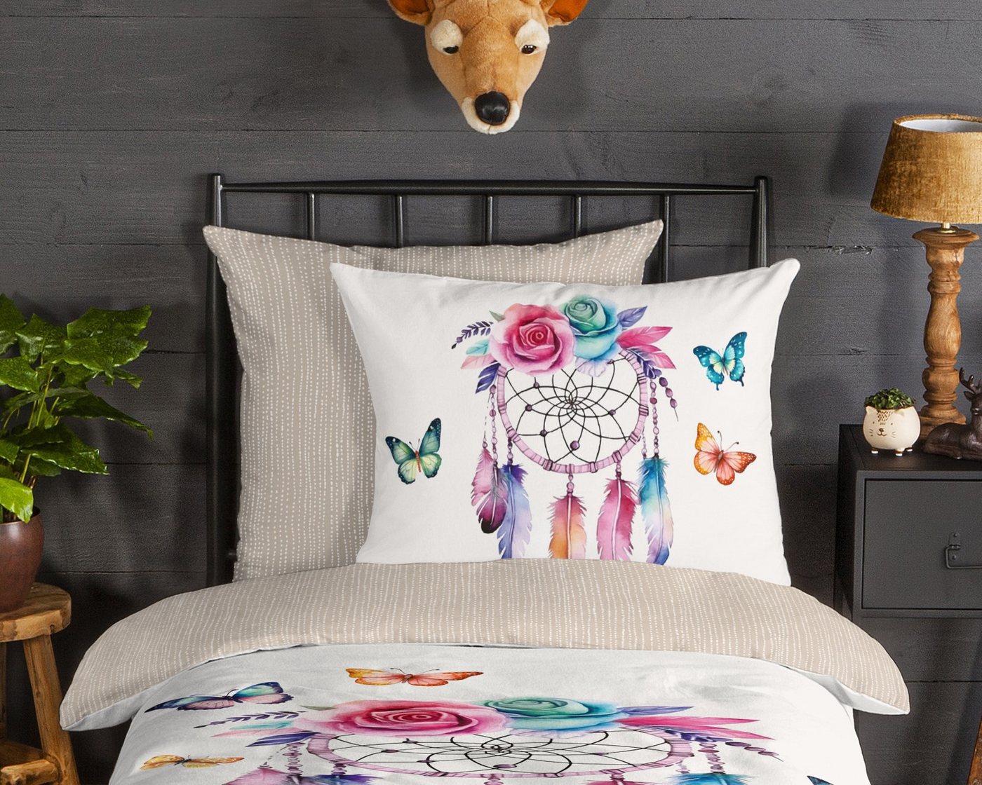 good morning Kinderbettwäsche Catchy, Biber, Flanell, 2 teilig, Flanell Biber, 135x200, Warm, Reißverschluss, Wende, Kind, Federn Sand – Bild 3 von 4