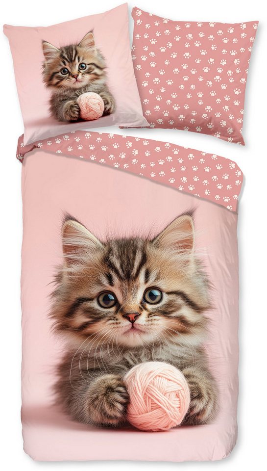 good morning Kinderbettwäsche Chat, Renforcé, 2 teilig, Baumwolle, Renforcé, Wendeoptik, Kind, Mädchen, Katze – Bild 2 von 4