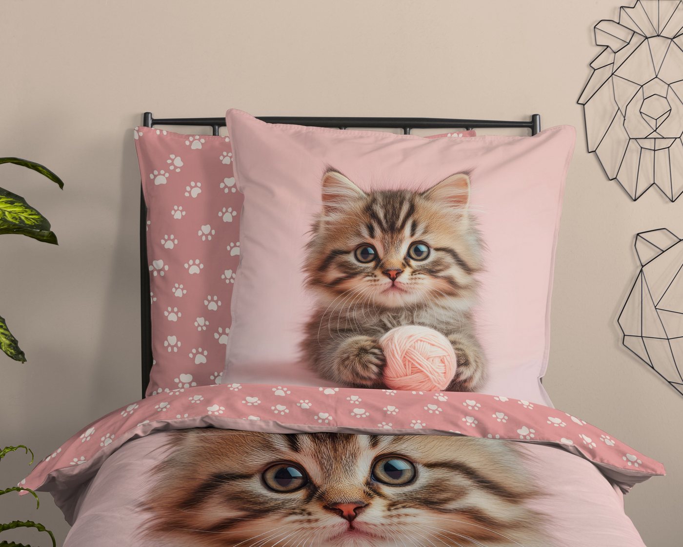 good morning Kinderbettwäsche Chat, Renforcé, 2 teilig, Baumwolle, Renforcé, Wendeoptik, Kind, Mädchen, Katze – Bild 3 von 4
