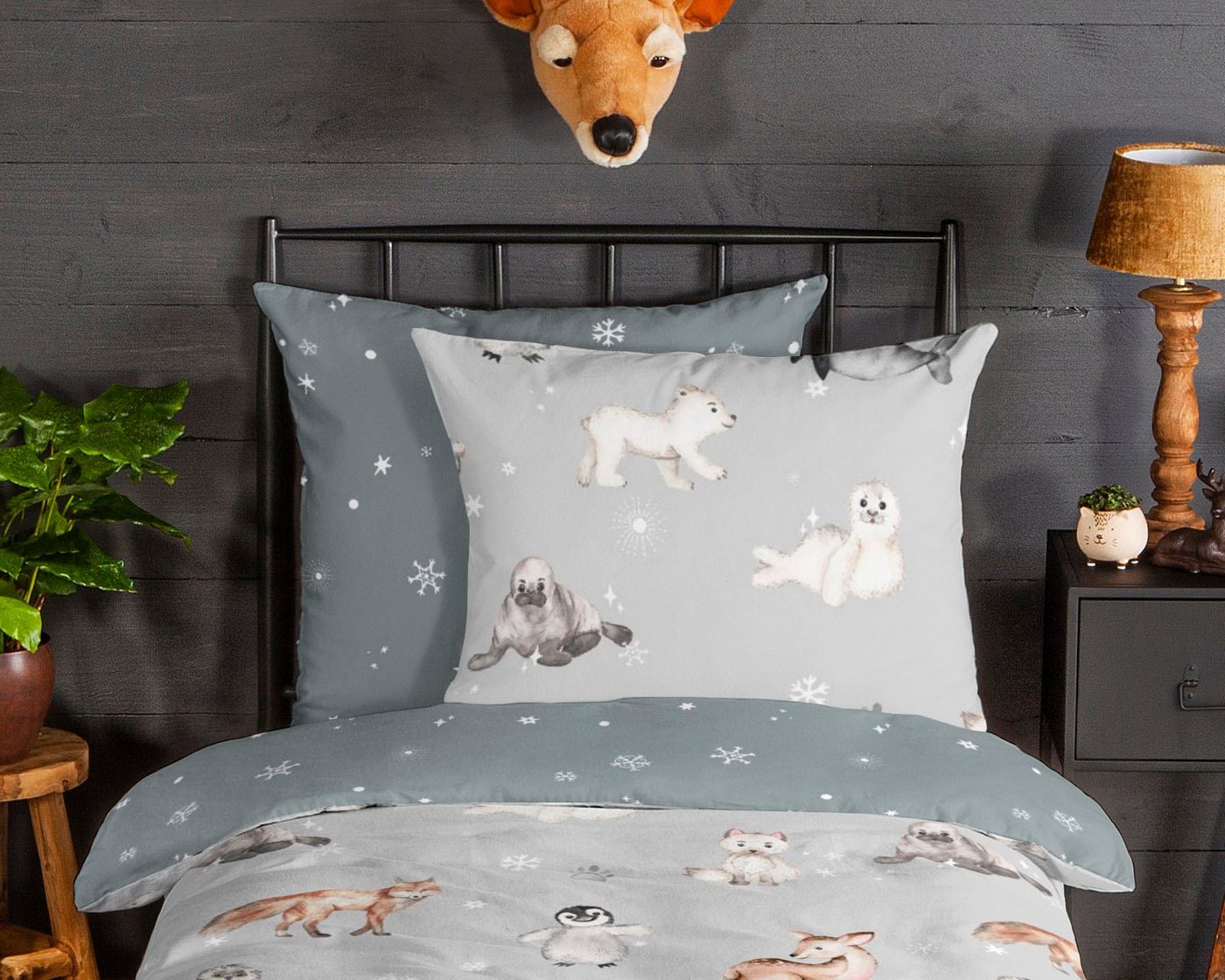 good morning Kinderbettwäsche Cira, Biber, Flanell, 2 teilig, Biber, 135x200, Warm, Weich, Wende, Reißverschluss, Kind, Winter, Grau – Bild 2 von 5