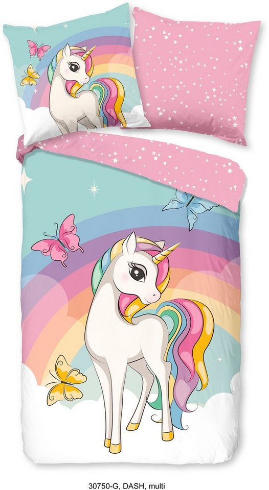 good morning Kinderbettwäsche Dash, Renforcé, 2 teilig, Baumwolle, 135x200, Reißverschluss, Wendeoptik, Kind, Mädchen, Einhorn – Bild 2 von 5