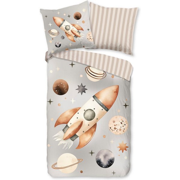 good morning Kinderbettwäsche Exploree, Renforcé, 2 teilig, Baumwolle, Renforcé, Wendeoptik, Kind, Junge, Weltall, Rakete