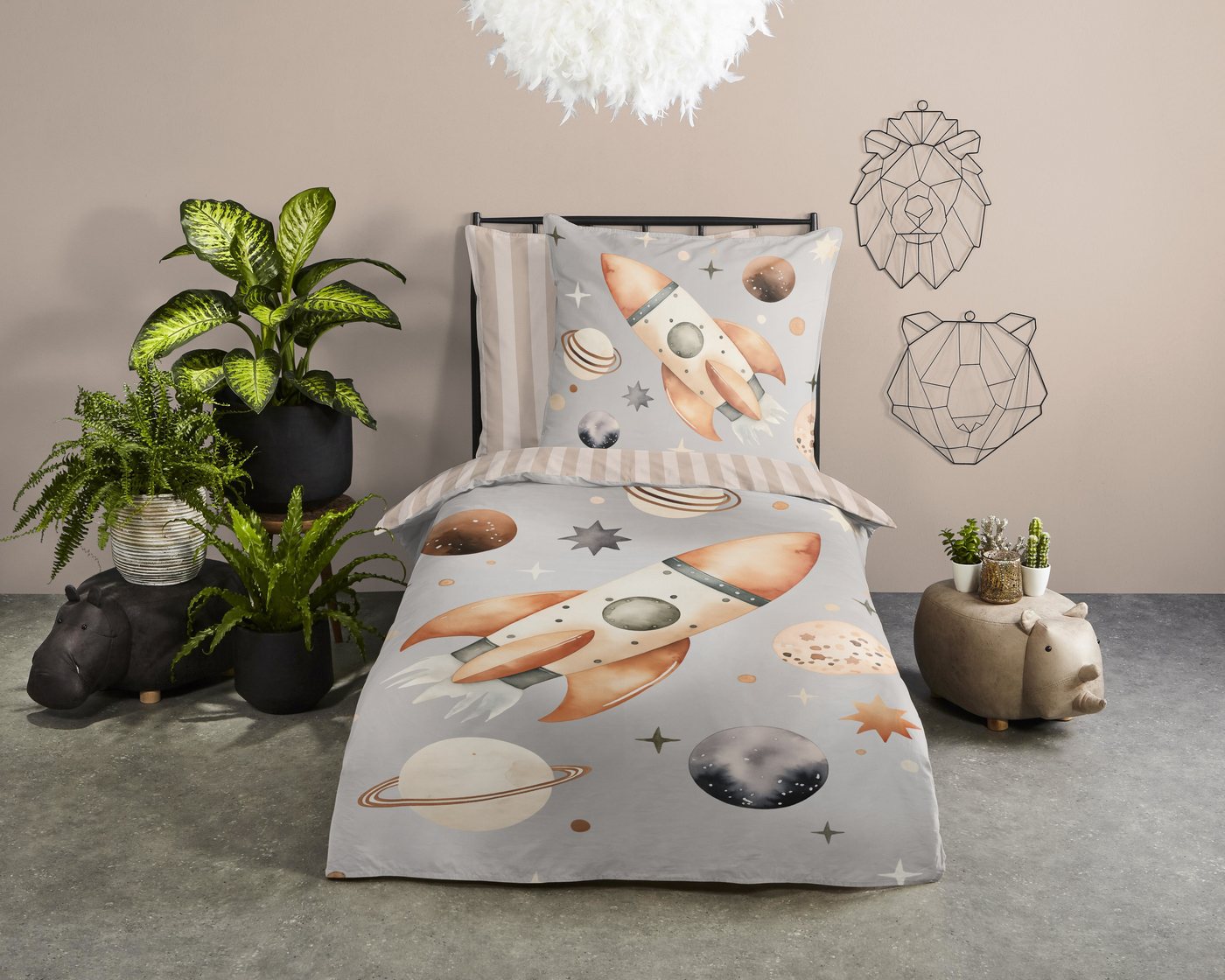 good morning Kinderbettwäsche Exploree, Renforcé, 2 teilig, Baumwolle, Renforcé, Wendeoptik, Kind, Junge, Weltall, Rakete – Bild 2 von 5