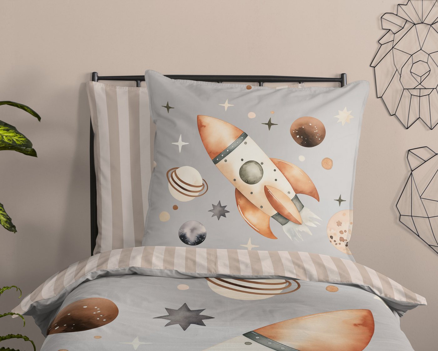 good morning Kinderbettwäsche Exploree, Renforcé, 2 teilig, Baumwolle, Renforcé, Wendeoptik, Kind, Junge, Weltall, Rakete – Bild 3 von 5