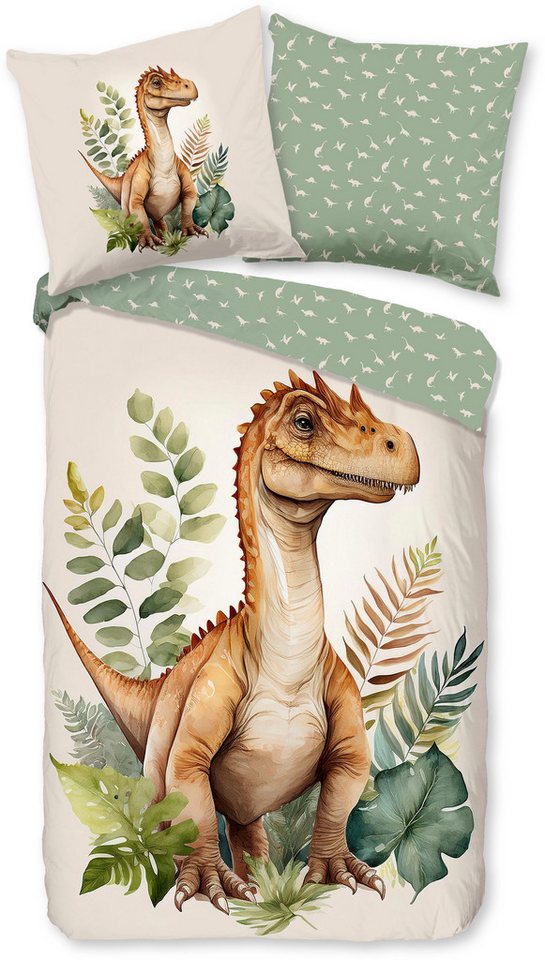 good morning Kinderbettwäsche Gregor, Renforcé, 2 teilig, Baumwolle, Renforcé, Wendeoptik, Kind, Junge, Dino – Bild 2 von 5