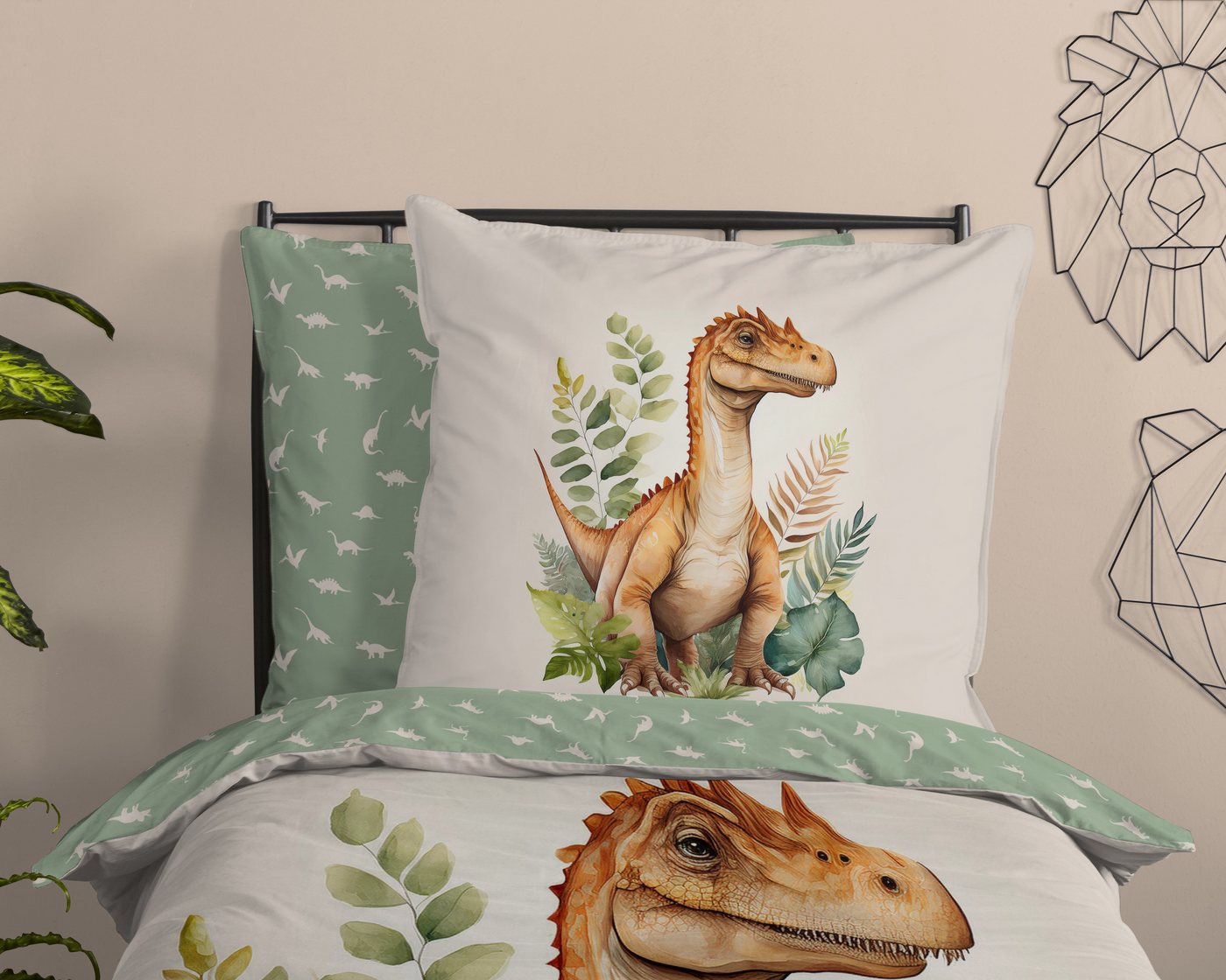 good morning Kinderbettwäsche Gregor, Renforcé, 2 teilig, Baumwolle, Renforcé, Wendeoptik, Kind, Junge, Dino – Bild 3 von 5
