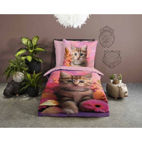 good morning Kinderbettwäsche Kadi, Renforcé, 2 teilig, Baumwolle, Renforcé, 135x200, Wendeoptik, Kind, Mädchen, Katze