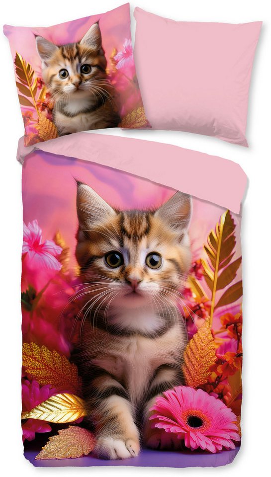 good morning Kinderbettwäsche Kadi, Renforcé, 2 teilig, Baumwolle, Renforcé, 135x200, Wendeoptik, Kind, Mädchen, Katze – Bild 2 von 5