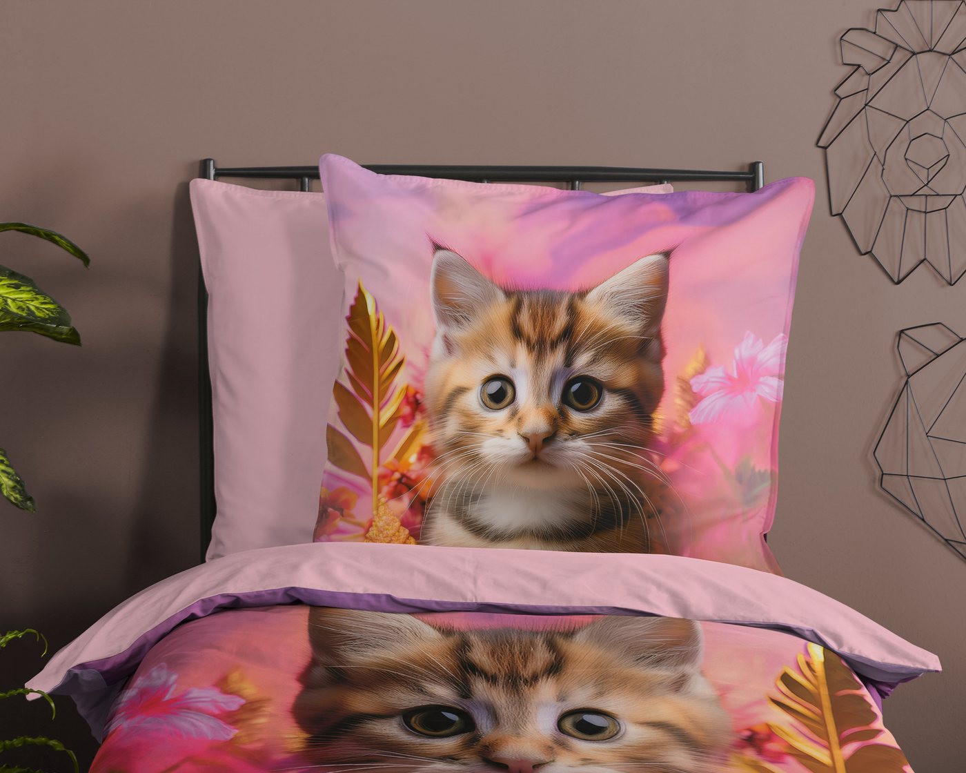 good morning Kinderbettwäsche Kadi, Renforcé, 2 teilig, Baumwolle, Renforcé, 135x200, Wendeoptik, Kind, Mädchen, Katze – Bild 3 von 5