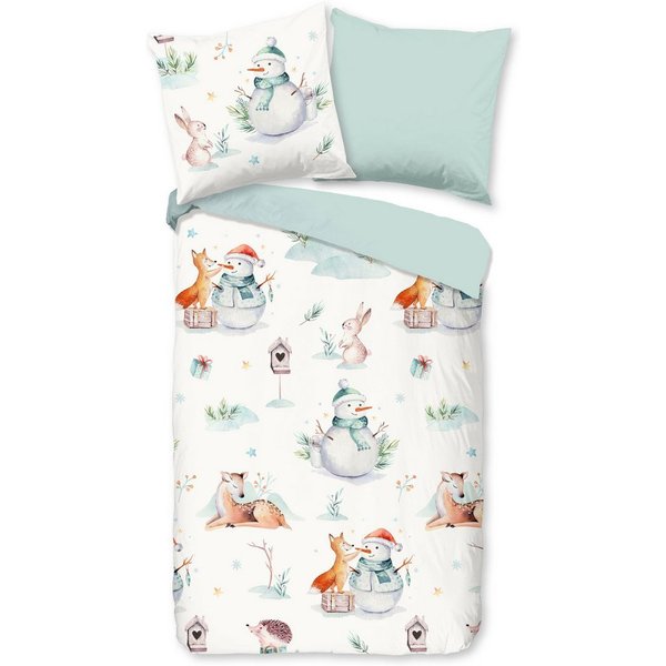 good morning Kinderbettwäsche Magicwinter, Biber, Flanell, 2 teilig, Flanell, Biber, 135x200, Winter, Warm, Wende, Kind, Schneemann, Weiß