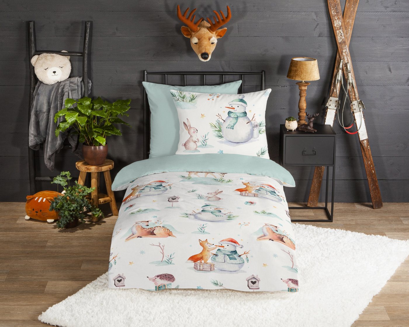 good morning Kinderbettwäsche Magicwinter, Biber, Flanell, 2 teilig, Flanell, Biber, 135x200, Winter, Warm, Wende, Kind, Schneemann, Weiß – Bild 2 von 4
