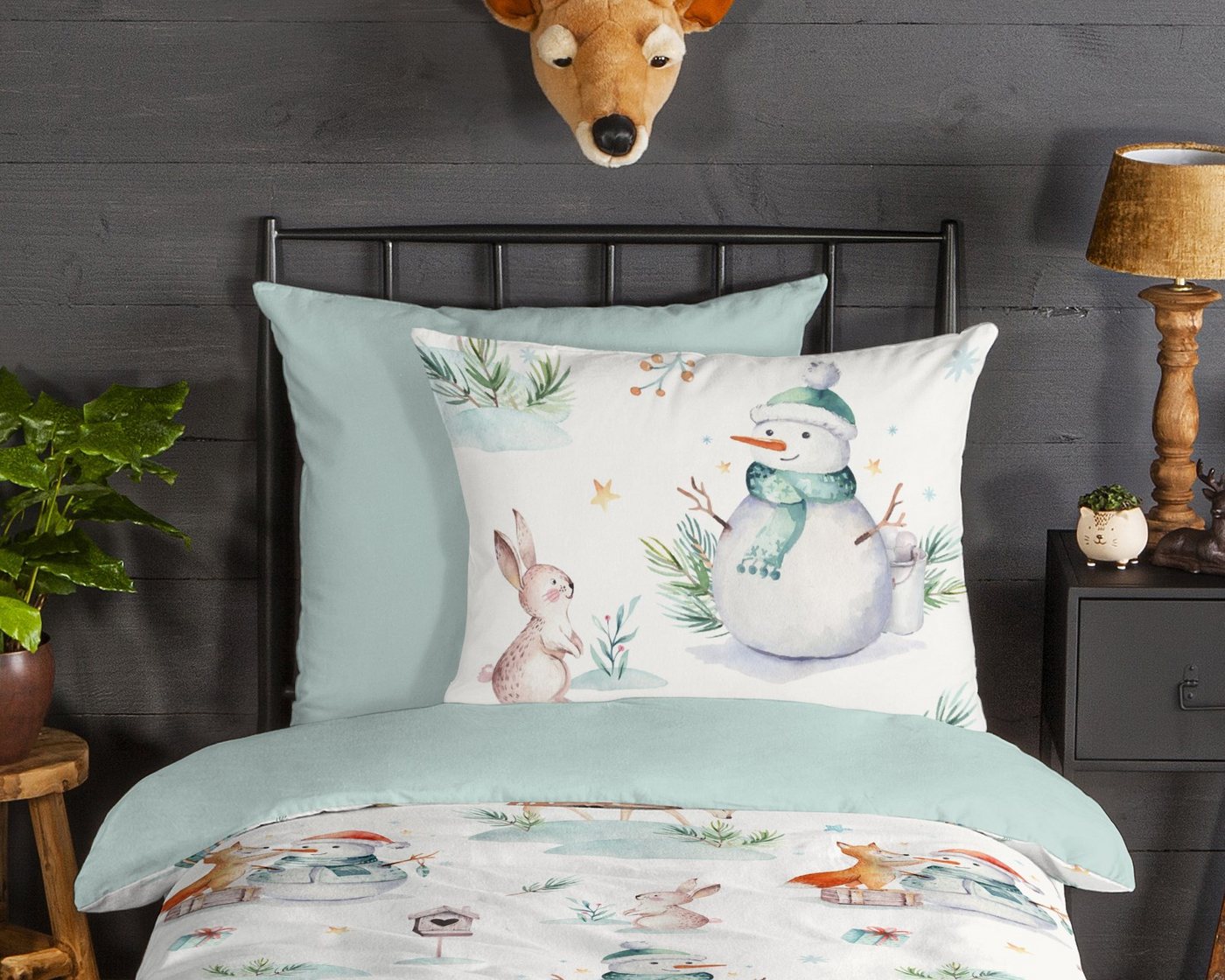 good morning Kinderbettwäsche Magicwinter, Biber, Flanell, 2 teilig, Flanell, Biber, 135x200, Winter, Warm, Wende, Kind, Schneemann, Weiß – Bild 3 von 4