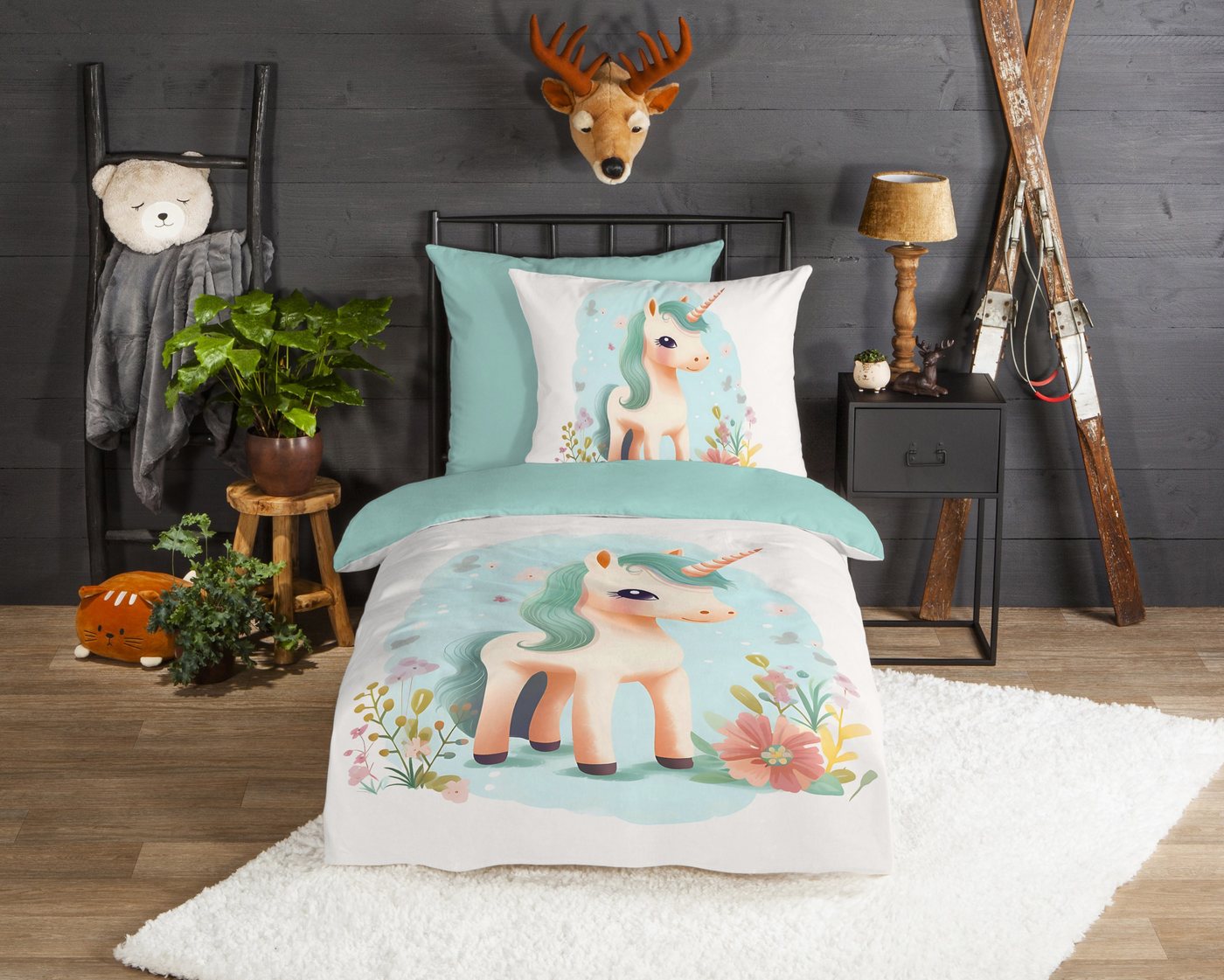 good morning Kinderbettwäsche One, Biber, Flanell, 2 teilig, Flanell, Biber, 135x200, Warm, Wende, Mädchen, Einhorn, Weiß, Türkis – Bild 2 von 4