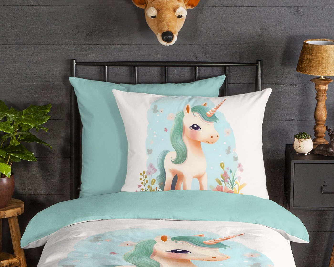 good morning Kinderbettwäsche One, Biber, Flanell, 2 teilig, Flanell, Biber, 135x200, Warm, Wende, Mädchen, Einhorn, Weiß, Türkis – Bild 3 von 4