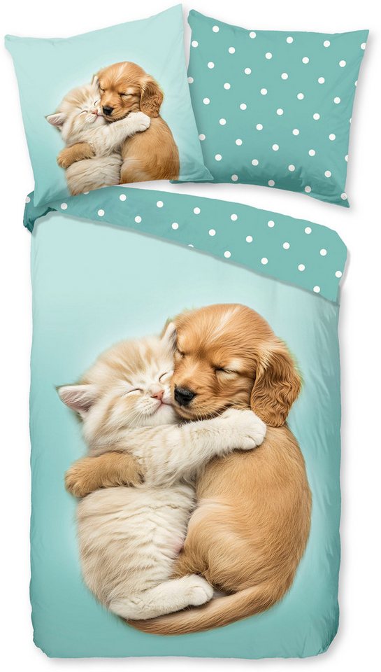 good morning Kinderbettwäsche Paxy, Renforcé, 2 teilig, Baumwolle, Renforcé, Wendeoptik, Kind, Hund, Katze – Bild 2 von 5