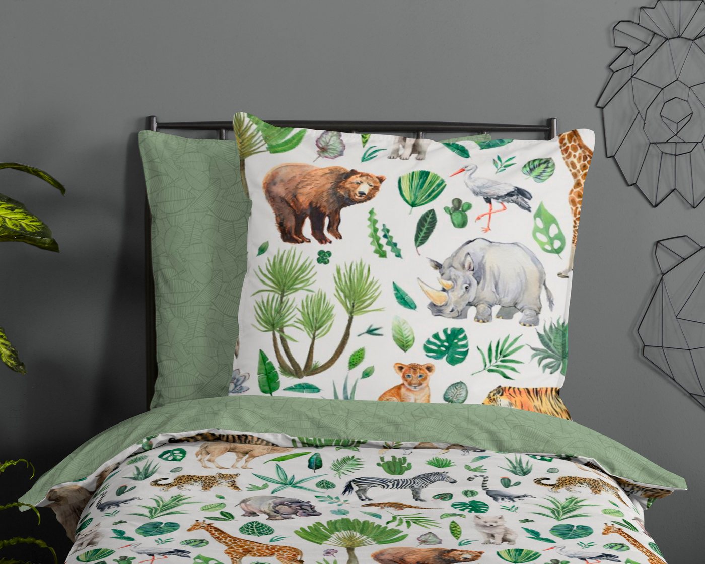 good morning Kinderbettwäsche Samba, Renforcé, 2 teilig, 100% Baumwolle, 135x200, Reißverschluss, Wendeoptik, Kind, Tier, Grün – Bild 3 von 5