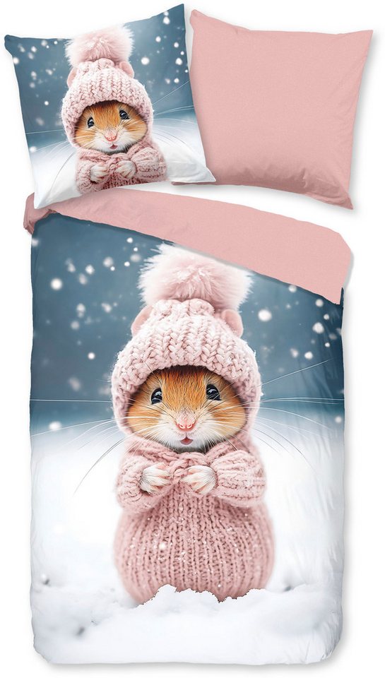 good morning Kinderbettwäsche Sofiamu, Biber, Flanell, 2 teilig, Flanell Biber, 135x200, Warm, Reißverschluss, Wende, Mädchen, Hamster – Bild 2 von 5