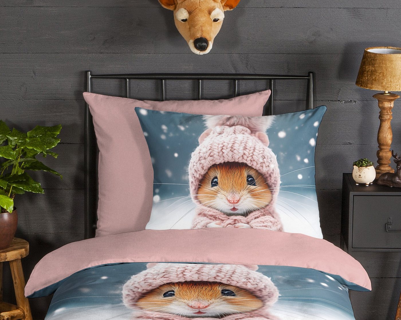 good morning Kinderbettwäsche Sofiamu, Biber, Flanell, 2 teilig, Flanell Biber, 135x200, Warm, Reißverschluss, Wende, Mädchen, Hamster – Bild 3 von 5