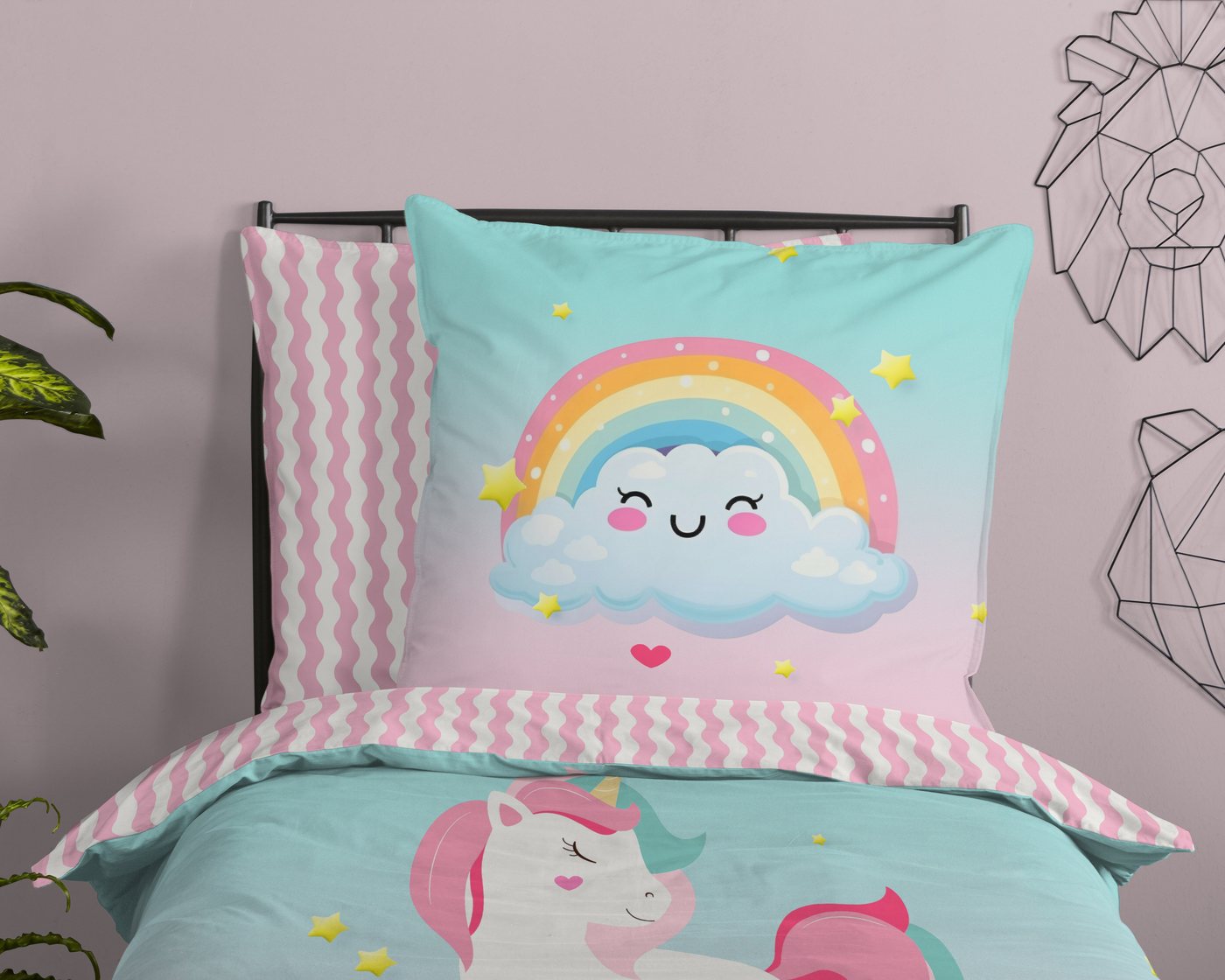 good morning Kinderbettwäsche Sweety, Renforcé, 2 teilig, Baumwolle, 135x200, Wendeoptik, Kind, Einhorn, Regenbogen, Rosa, Multi – Bild 3 von 4