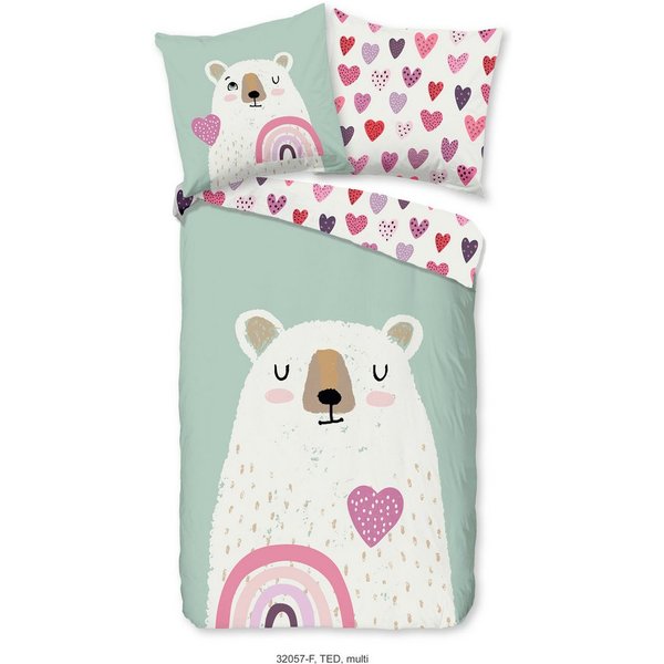 good morning Kinderbettwäsche Ted, Biber, Flanell, 2 teilig, Flanell, Biber, 135x200, Warm, Wende, Kind, Bär, Eisbär, minzgrün