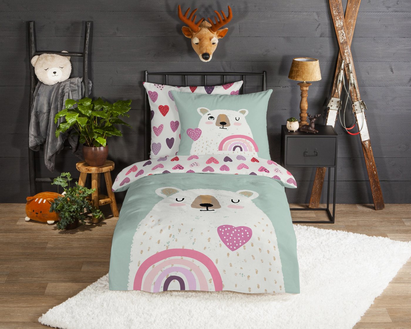 good morning Kinderbettwäsche Ted, Biber, Flanell, 2 teilig, Flanell, Biber, 135x200, Warm, Wende, Kind, Bär, Eisbär, minzgrün – Bild 2 von 4