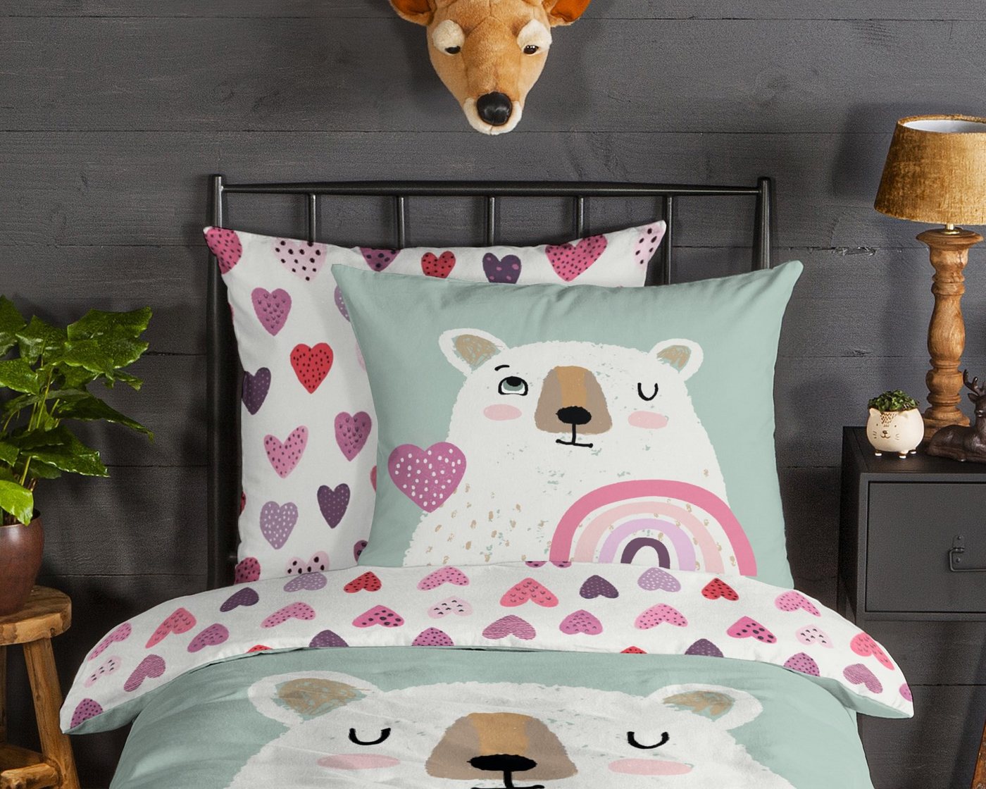 good morning Kinderbettwäsche Ted, Biber, Flanell, 2 teilig, Flanell, Biber, 135x200, Warm, Wende, Kind, Bär, Eisbär, minzgrün – Bild 3 von 4