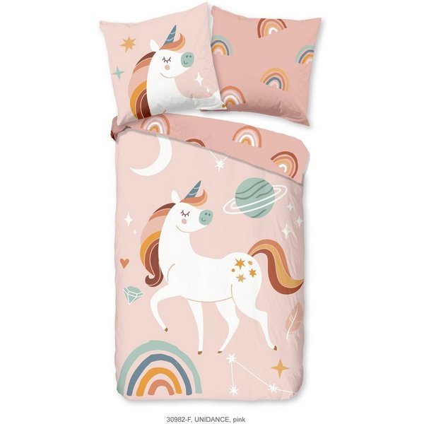 good morning Kinderbettwäsche Unidance, Biber, Flanell, 2 teilig, Biber, 135x200, Warm, Weich, Wende, Reißverschluss, Kind, Einhorn Rosa