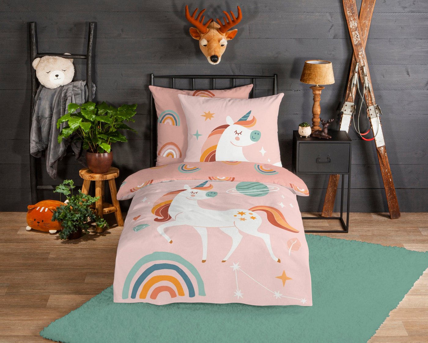 good morning Kinderbettwäsche Unidance, Biber, Flanell, 2 teilig, Biber, 135x200, Warm, Weich, Wende, Reißverschluss, Kind, Einhorn Rosa – Bild 2 von 5