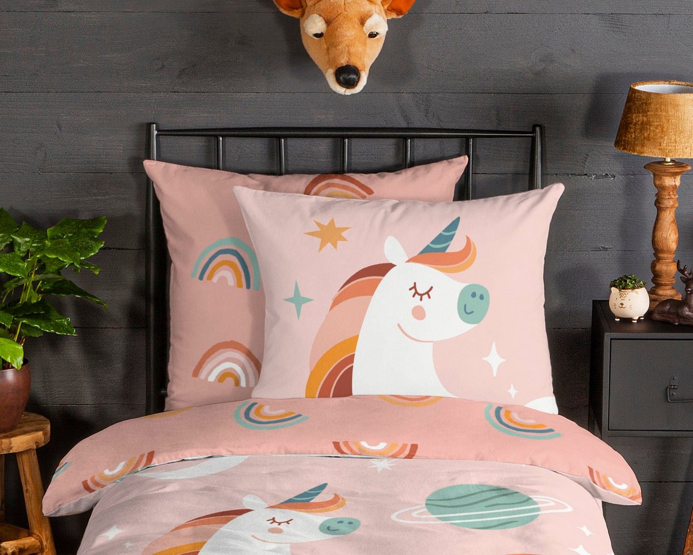 good morning Kinderbettwäsche Unidance, Biber, Flanell, 2 teilig, Biber, 135x200, Warm, Weich, Wende, Reißverschluss, Kind, Einhorn Rosa – Bild 3 von 5